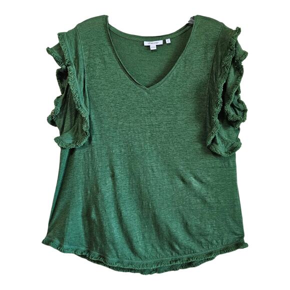 CHICO'S 2 Women's L 100% Linen Top Green Fringe Short Flutter Sleeve 38" - Picture 1 of 8